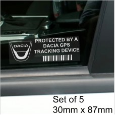 5 x Dacia GPS Tracking Device Security WINDOW Stickers 87x30mm-Logan,Dokker,Lodgy,Duster-Car,Van Alarm Tracker